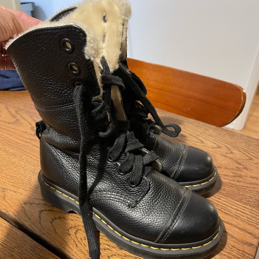 Dr. Martens Cream Faux Fur Lined Boots with Black Details